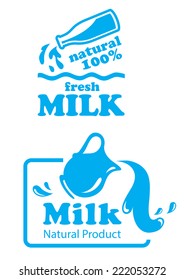 Natural Milk logo labels or badges in a pretty fresh blue and white with milk pouring from a bottle in the first and pouring from a jug in the second with text