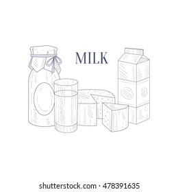 Natural Milk Products Hand Drawn Realistic Sketch