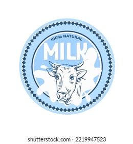 Natural Milk, Round Badge Design Template Vector Illustration. Outline Hand Drawn Head Of Cow, Milk Splash And Text In Isolated Circle Blue Label With Decorative Frame For Farm Dairy Product