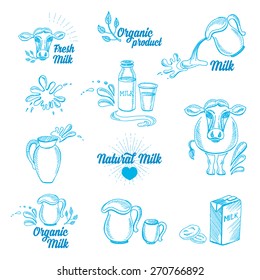 Natural milk with splashes, icons design. Healthy product. 