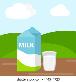 natural milk vector illustration. Packaging of milk and glass in nature vector illustration. Fresh farm products. milk on background of meadows minimalistic style