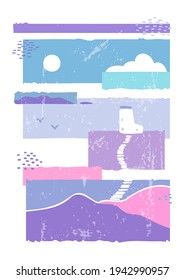 Natural minimalist poster. Hand drawn illustration with colorful landscape, clouds, mountains, dots for wall decoration, postcard or brochure, cover design, stories, social media, app design.