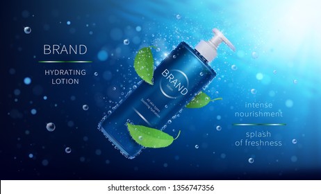 Natural mint vector cosmetic realistic ads poster. Bottle with lotion and green leaves on blue underwater background with air bubbles and rays. Mock up for magazine or catalog with organic cosmetics