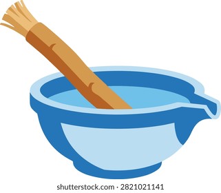 Natural miswak toothbrush stick soaking in a blue water bowl. A brown miswak stick rests inside a blue bowl filled with water in a minimalist flat design. Ideal for dental hygiene blogs, cultural education, or religious health materials.