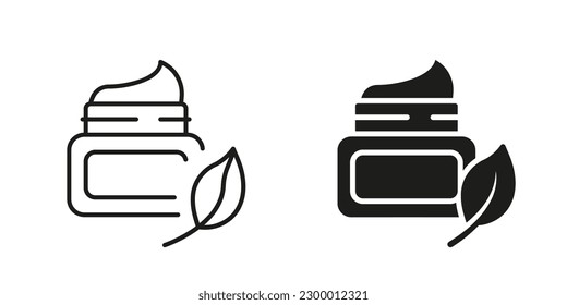 Natural Moisturizing Cosmetics In Plastic Container Black Pictogram Collection. Organic Cream Jar With Leaf Silhouette And Line Icons Set. Beauty Nature Skin Product. Isolated Vector Illustration.