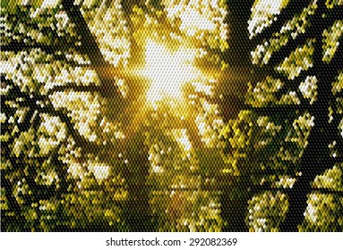 Natural mosaic relief background of cubes with trees and sunlight