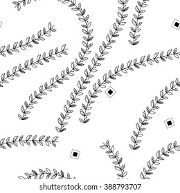 Natural motifs. Seamless black and white pattern from branches and leaves.