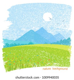 Natural mountain landscape with fields and sun in sky. Vector abstract illustration on old paper background