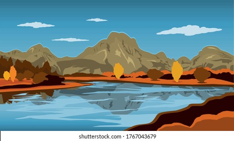 Natürliche Berglandschaft und Fluss mit Reflexion. Kiefernwald und Wolke in der Ferne, Vektorgrafik.