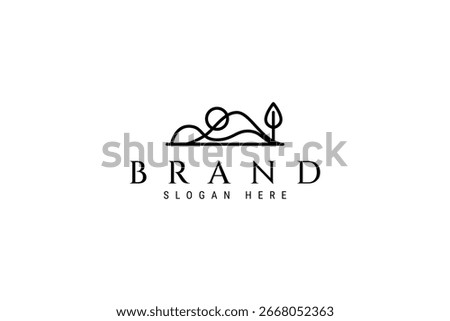 Natural mountain logo design with sun and pine trees in abstract minimalist linear wave curve design style