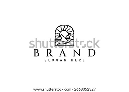 Natural mountain logo with shining sun rising in a frame with outline line art logo design style