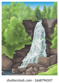 Natural mountain waterfall. Vector illustration