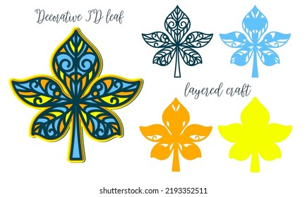 Natural multi-layer decorative craft multi-layer openwork leaf. 3D design for laser cutting.