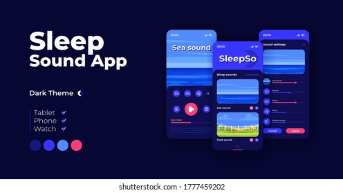 Natural music app cartoon smartphone interface vector templates set. Mobile app screen page night mode design. Audio player options UI for application. Phone display with flat illustrations