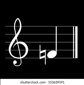 Natural musical symbol with note, treble clef  and staff on black