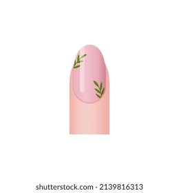 Natural nail polish or art with plant leaves, 3d vector illustration isolated on white background. Fingernail sticker and trendy manicure.