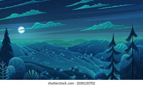 Natural night landscape background with hills dark blue sky and clouds mounds overgrown with grass, trees and bushes in forest. Beautiful unspoilt nature tourist area, summertime, adventure time