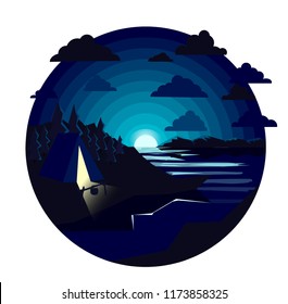 Natural night landscape. Background, Wallpaper, icon. banner, logo. Tent in spruce forest near the water (river). Night. Sunset on the dark blue sky. Fashionable flat modern design. Vector