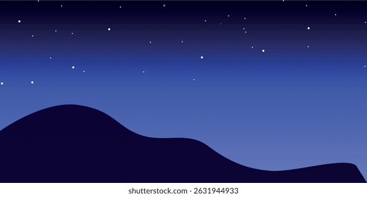 a natural night landscape with a starry sky and silhouettes of hills or low mountains, made in dark colors.

