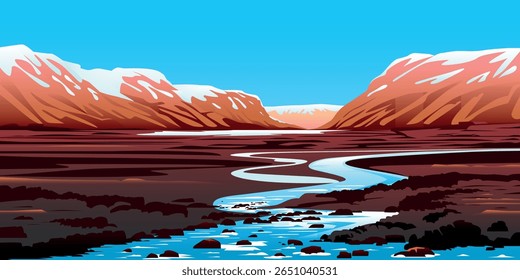 Natural northern landscape with rapids rivers, hills, rocky plains and fields, snowy peaks in the background. Handmade drawing vector illustration.