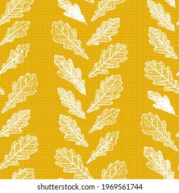 Natural Oak Leaf Print Silhouettes. Floral Background with Imitation Linen Burlap Texture. Stamp Leaves Vector Seamless Pattern. Textured Forest Plants Imprint Vintage Wallpaper. Yellow White Color