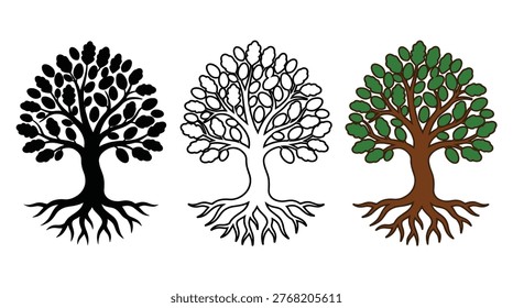 Natural oak tree collection in flat and line symbol styles, featuring growth, roots, ecology, foliage, and environment.