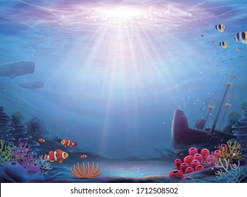 Natural ocean bottom background with shipwreck and abundant marine life, 3d illustration