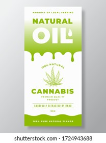 Natural Oil Abstract Vector Packaging Design or Label Template. Modern Typography, Gradient Drips and Hand Drawn Cannabis Leaf Sketch Silhouette Background Layout. Isolated.