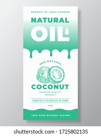 Diseño de empaquetado de vectores de resumen de aceite natural o plantilla de etiquetas. Tipografía moderna, detalles de degradado y cocos dibujados a mano esbozan el diseño de fondo de la silueta. Aislado.