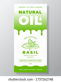 Diseño de empaquetado de vectores de resumen de aceite natural o plantilla de etiquetas. Tipografía moderna, detalles de degradado y hojas de cuenca dibujadas a mano esbozan el diseño de fondo de silueta. Aislado.