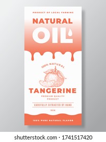 Natural Oil Abstract Vector Packaging Design or Label Template. Modern Typography, Gradient Drips and Hand Drawn Tangerines Sketch Silhouette Background Layout. Isolated.