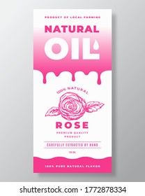 Natural Oil Abstract Vector Packaging Design or Label Template. Modern Typography, Gradient Drips and Hand Drawn Rose Flower with Petals Sketch Silhouette Background Layout. Isolated.