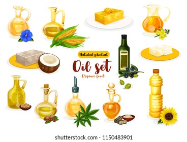 Natural oil and butter poster with vegetarian and dairy product. Bottle of oil, bricks of butter and margarine with olive, coconut and corn, sunflower, peanut and flax, sesame, colza, soy and hemp