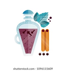 Natural oil of cloves in glass bottle, ingredient of culinary condiment, cinnamon, peppermint and peppercorns, element for restaurant or kitchen menu design vector Illustration on a white background