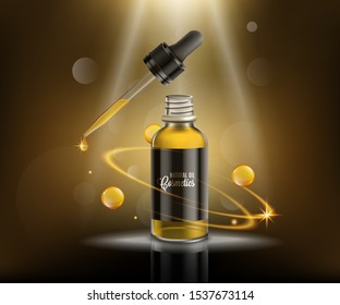 Natural Oil Cosmetic Ad Poster - Glass Dropper Bottle With Golden Yellow Dripping Oil Under Magic Spotlight With Glamour Bokeh Background - Vector Illustration.