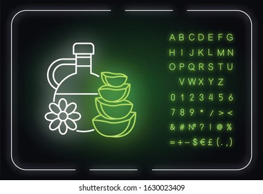 Natural oil neon light icon. Plant based essence. Floral liquid for skincare. Aloe vera juice. Outer glowing effect. Sign with alphabet, numbers and symbols. Vector isolated RGB color illustration