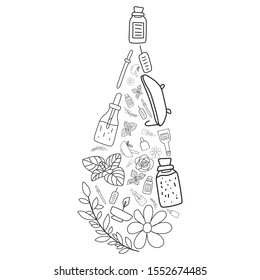Natural oils concept in the form of a drop of different elements. Bottle, leaves, bathroom, candle and other icons. Banner or poster for relaxation, aromatherapy, medicine, health care.