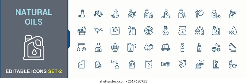 Natural Oils icon set. Contain linear sign essential, oil, oils, natural and more. Essential Oils modern icon set. Minimalist icons collection. Editable stroke. Vector collection.