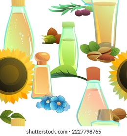 El patrón de los aceites naturales es fluido. Estilo de caricatura. Extraída de nueces y semillas de plantas. Comida natural limpia. Producto para un estilo de vida saludable y para cocinar. Aislado sobre fondo blanco. Vector