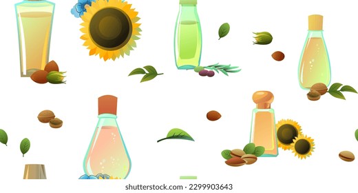Natural oils items seamless pattern. Cartoon style. Extracted from nuts and plant seeds. Clean natural food. Product for healthy lifestyle and cooking. Isolated on white background. Vector.