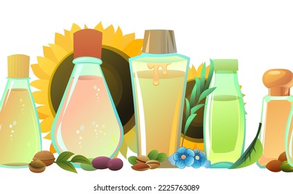 Natural oils. Seamless bottom border. Cartoon style. Extracted from nuts and plant seeds. Ecologically clean natural food. Product for healthy lifestyle, cooking. Isolated on white background. Vector