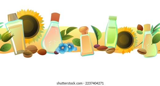 Natural oils seamless horizontal. Cartoon style. Extracted from nuts and plant seeds. Ecologically clean natural food. Product for healthy lifestyle and cooking. Isolated on white background. Vector