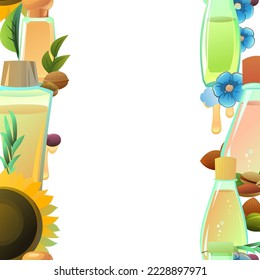 Natural oils seamless vertical frame. Cartoon style. Extracted from nuts and plant seeds. Ecologically clean natural food. Product for healthy lifestyle, cooking. Isolated on white background. Vector