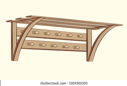 Natural old rustic blank ligneous chipboard block cabinet box. 3d checkroom object design. Line black ink drawn picture icon in retro engraving style. Closeup view and space for text on white backdrop