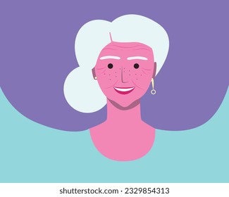 Natural old woman with freckles smiling as mental health concept, flat vector stock illustration