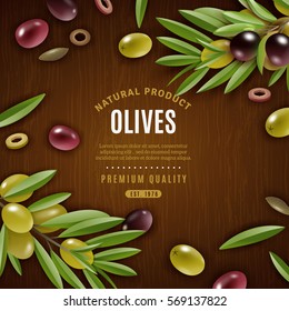 Natural olives background with olives and leaves on wooden background cartoon vector illustration 