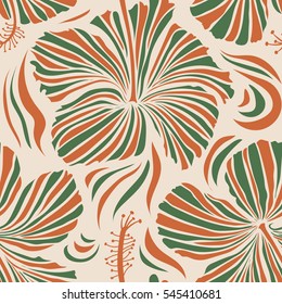 Natural orange, beige and green hibiscus seamless pattern. Vector flower concept. Summer design. Seamless floral pattern can be used for wallpaper, website background, wrapping paper.