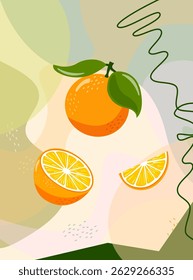Natural orange and half fruit hand drawn in abstract still life in pastel colors poster of modern art. Abstract paper cut elements for social media, postcards, prints.
