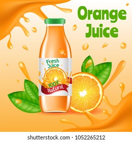 Natural Orange Juice Ads Poster, Glass Bottle with Beverage, Splashing, Package Design Advertising Template, Promotion Banner, Mockup for your Brand, 3D illustration