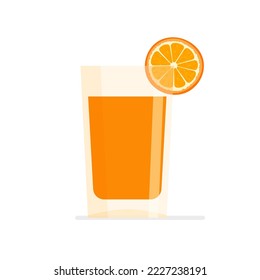 Natural orange juice in a glass. Fresh squeezed juice with slice of citrus fruit. Healthy organic food. Vector illustration in flat trendy style isolated on white background.